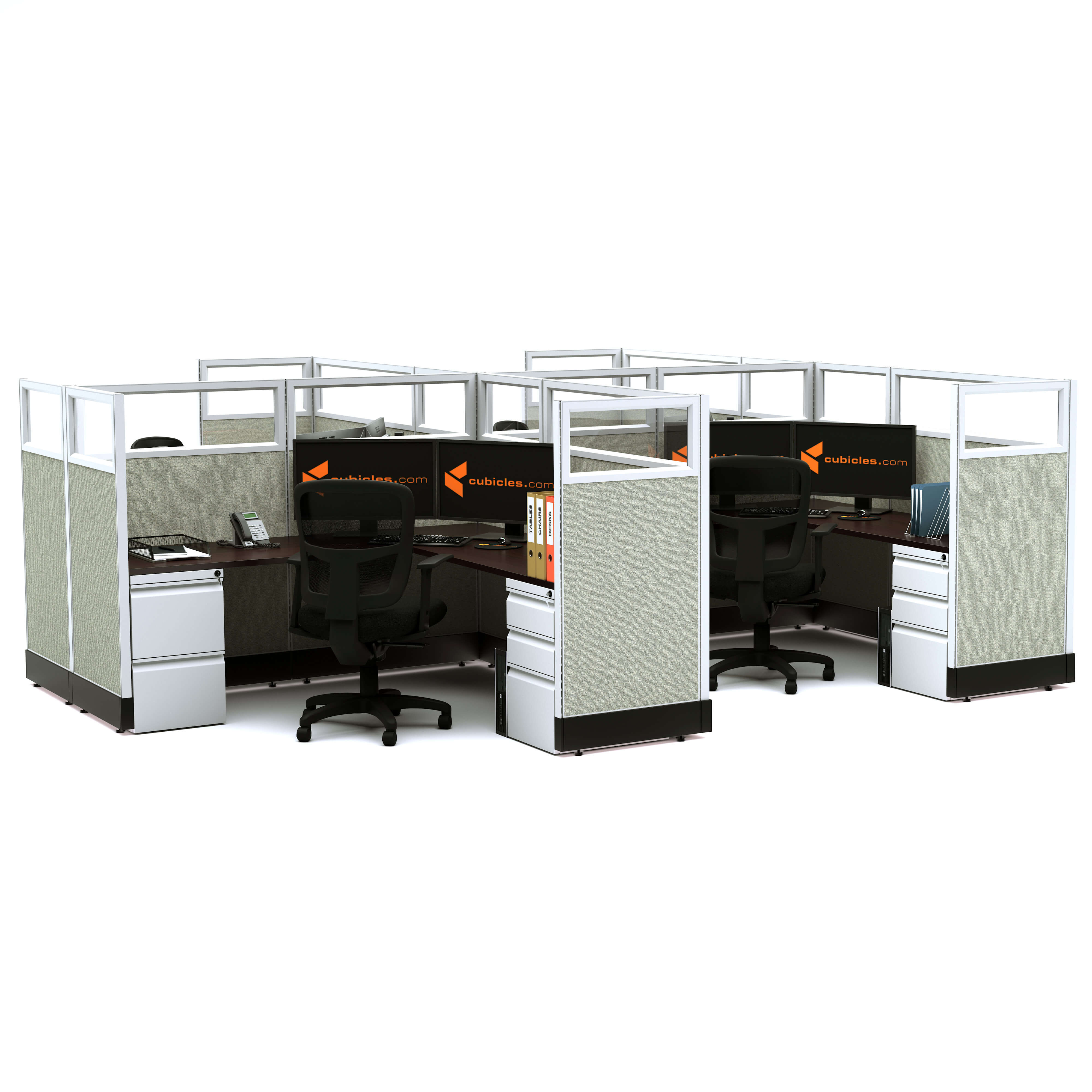 Glass office cubicles 53h 4pack cluster powered