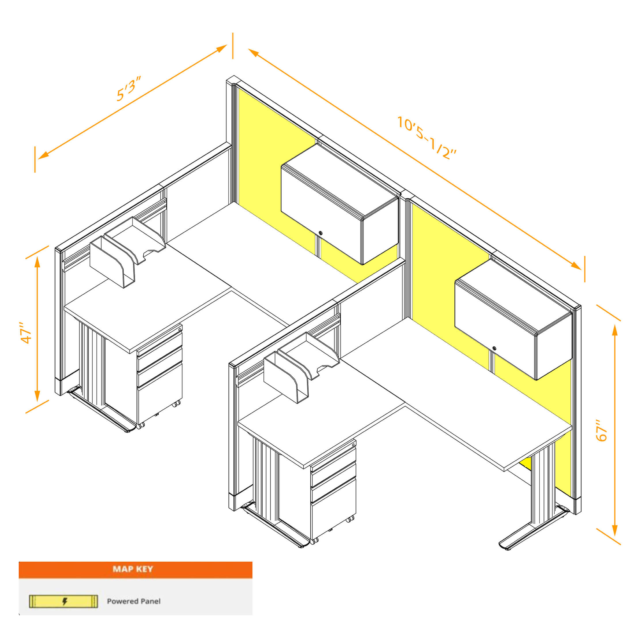 L shaped workstation 2pack inline powered with storage dimensions