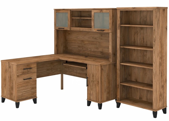 L shaped computer desk with 5 shelf bookcase 60 W highlight fresh walnut L shaped computer desk with 5 shelf bookcase 60 W highlight fresh walnut