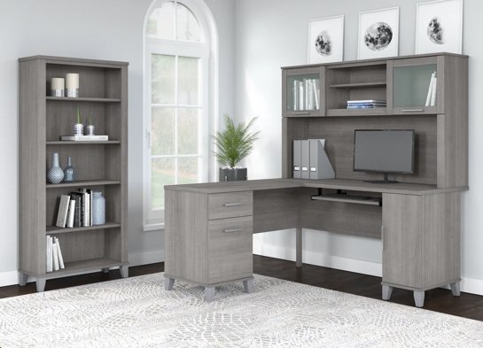 L shaped computer desk with 5 shelf bookcase 60W space view platinum gray L shaped computer desk with 5 shelf bookcase 60W space view platinum gray