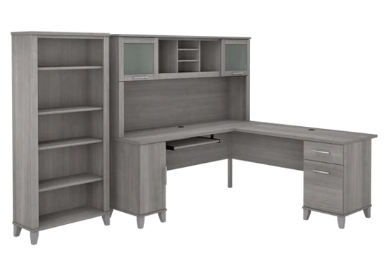 L shaped computer desk with 5 shelf bookcase 72 w highlight platinum gray