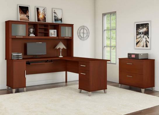 L shaped computer desk with traditional file cabinet 72 w space view hansen cherry 2