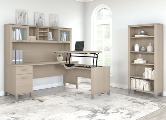 Modern office standing desk with 5 shelf bookcase space view sand oak