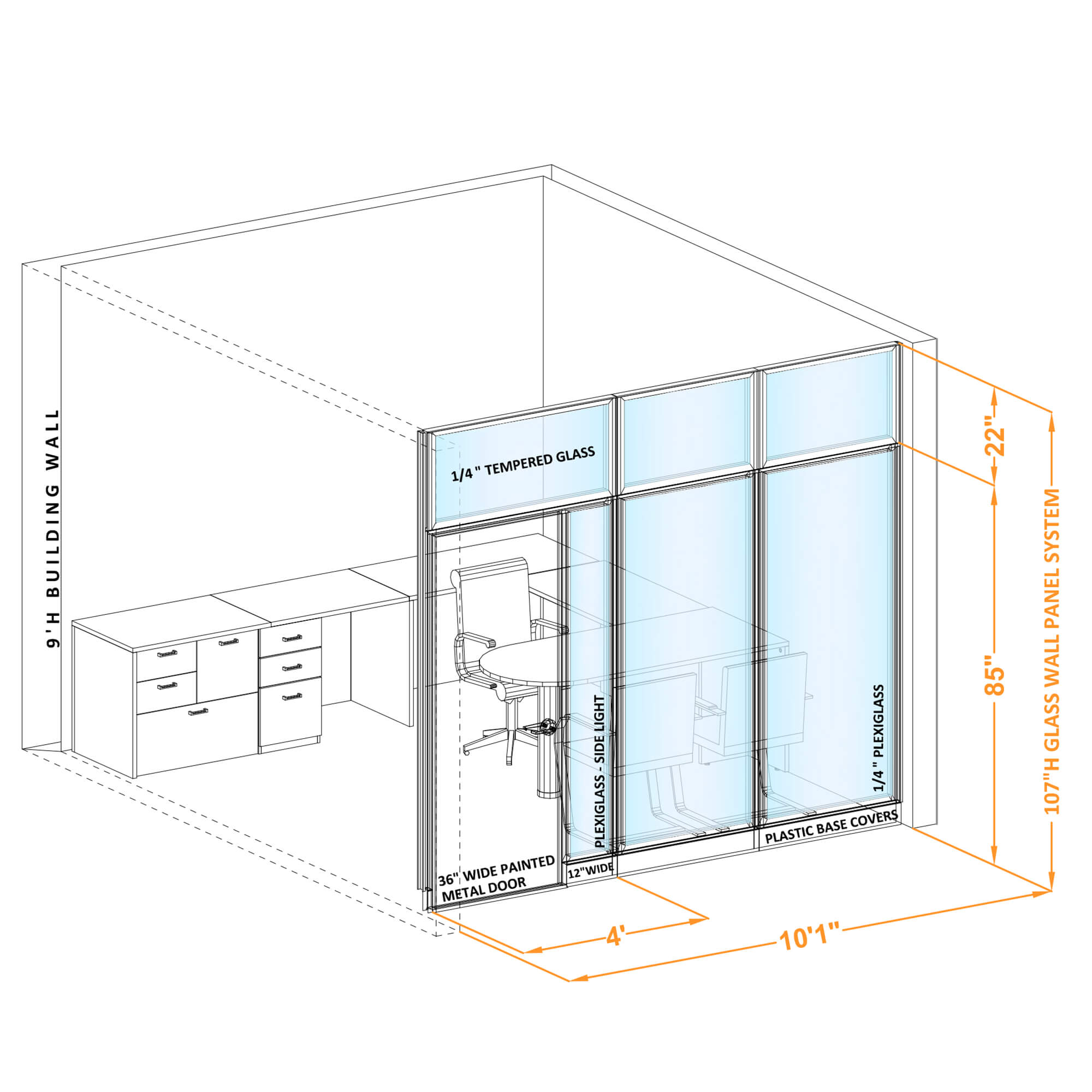 Modular glass office walls GWO I 100x1070