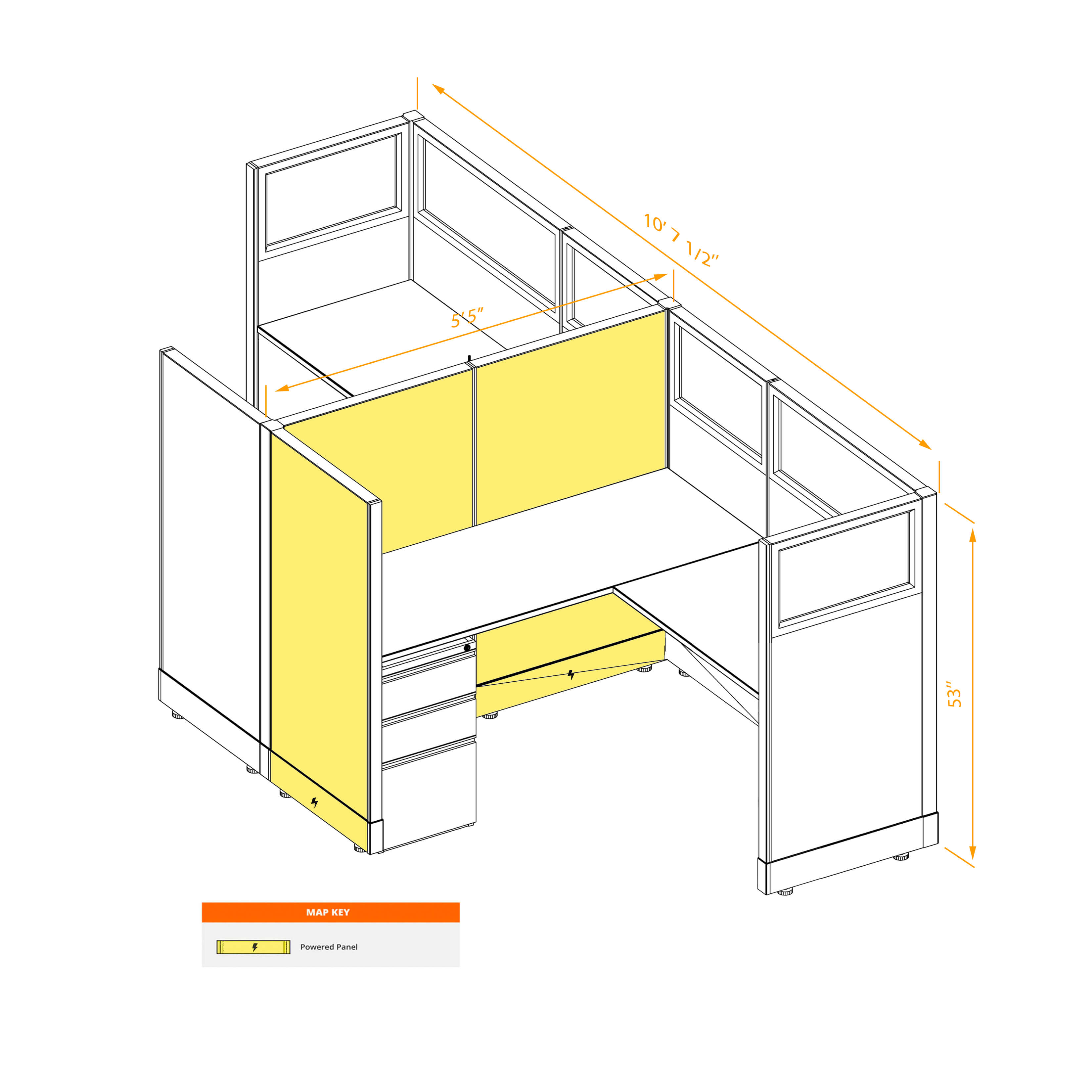 Modular furniture 53h with partial glass panels powered CUB 2C 53 P 55 PGL ESP WH PSO2