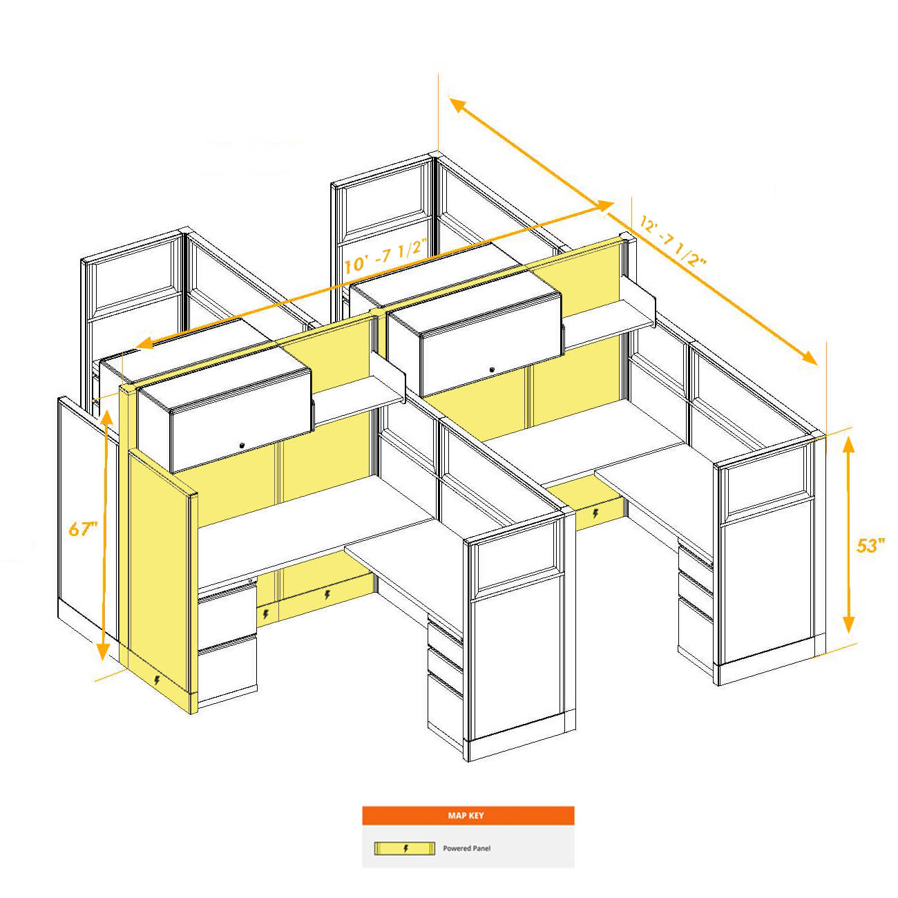 Modular furniture mixed height powered CUB 4C 53 67 P 56 PGL ESP WH PSO2