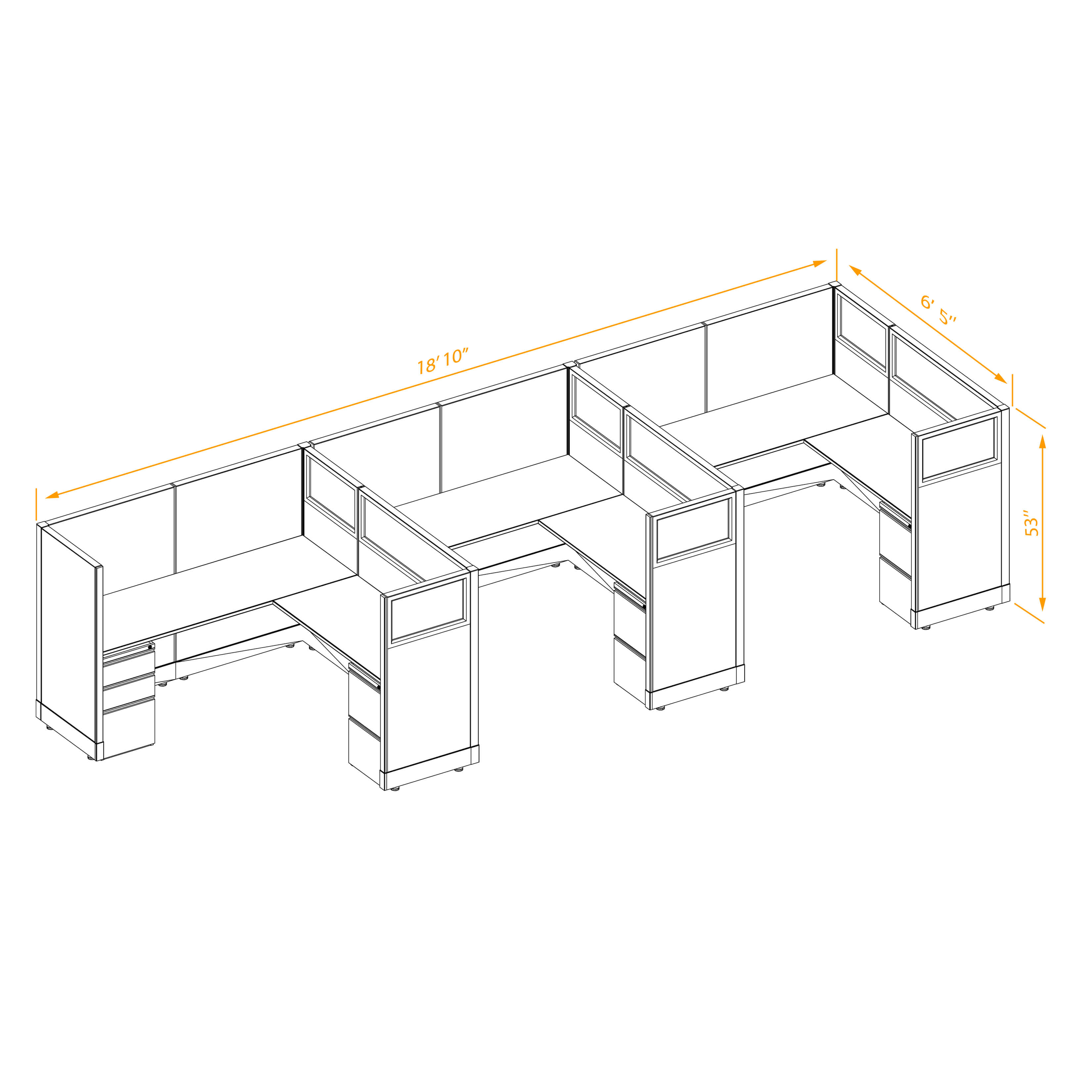 Office workstations 53h with partial glass panels unpowered CUB 3I 53 NP 66 PGL ESP WH PSO2