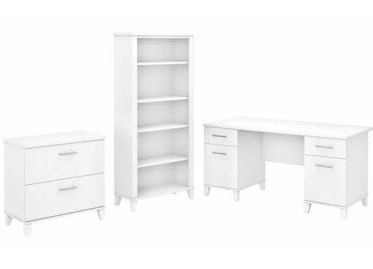 Office desk with 2 file drawers and 5 shelf bookcase highlight white