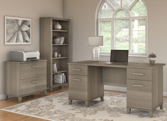 Office desk with 2 file drawers and 5 shelf bookcase space view ash gray