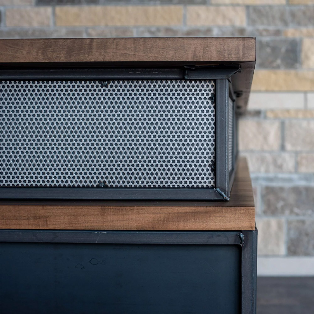 Industrial reception desk with transaction counter front