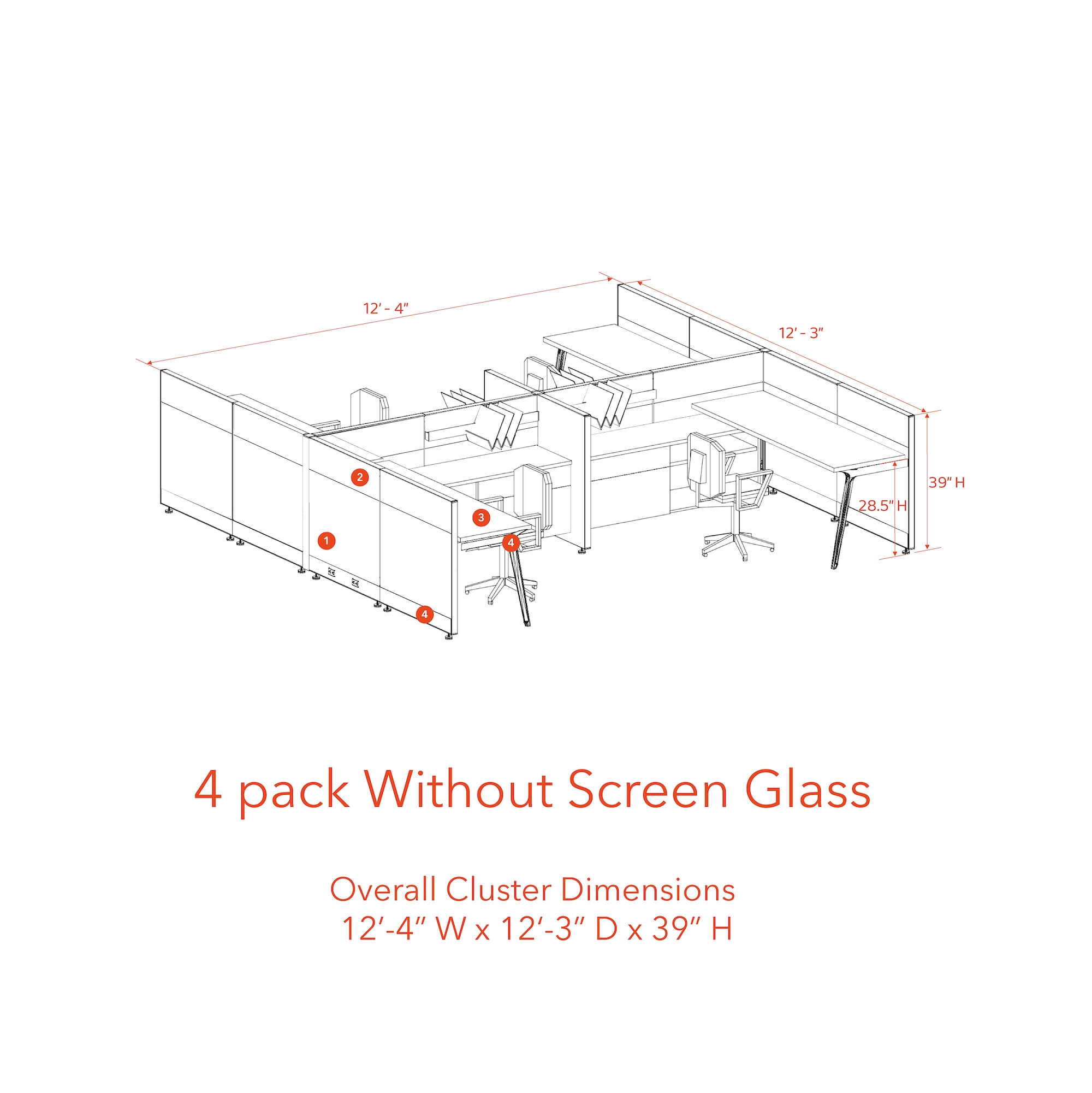 Modern cubicles tapered legs 4 pack without screen glass 39H