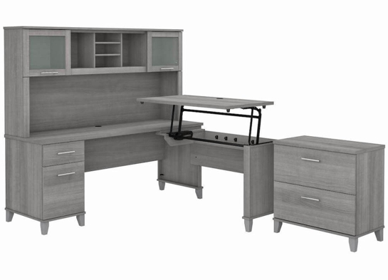 Sit and stand desk sit and stand corner desk standing desk with storage platinum gray angle view Sit and stand desk sit and stand corner desk standing desk with storage platinum gray angle view