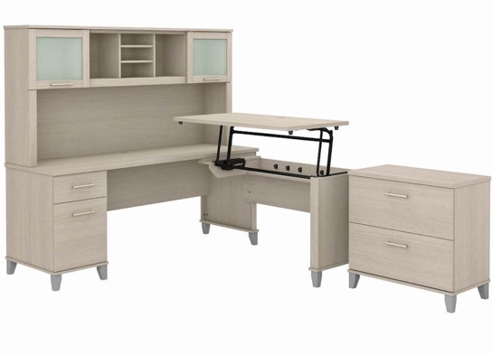 Sit and stand desk sit and stand corner desk standing desk with storage sand oak angle view Sit and stand desk sit and stand corner desk standing desk with storage sand oak angle view