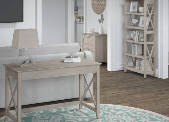 Western style desk with drawer lateral file cabinet and 5 shelf bookcase space view washed gray Western style desk with drawer lateral file cabinet and 5 shelf bookcase space view washed gray